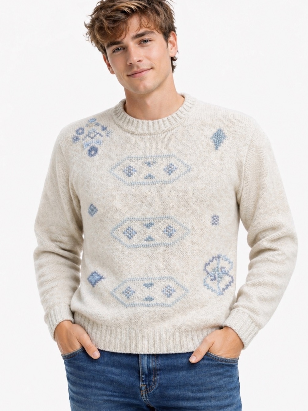 Vintage America Tradition Men's Cream and Blue Patterned Wool Sweater